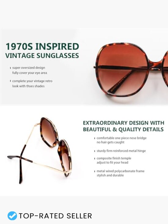 Oversized Square Sunglasses Retro 70s Vintage UV400 Protection Plastic Frame